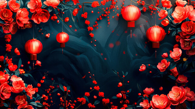 An artistic depiction of red lanterns and roses against a dark, moody background, symbolizing festivity and celebration with a floral touch.