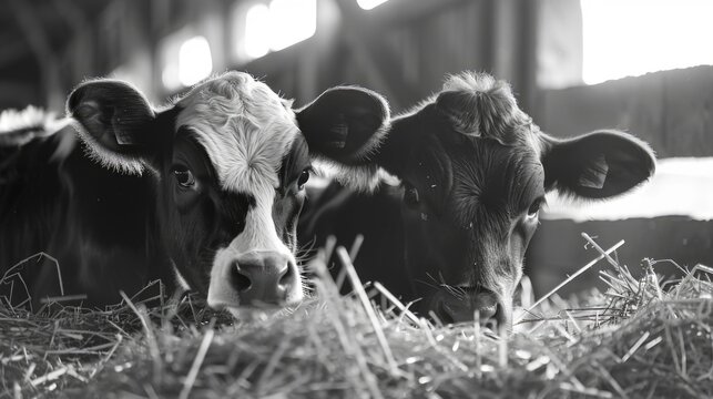 Dairy cows lying on an cow farm, closeup black and white photo.
