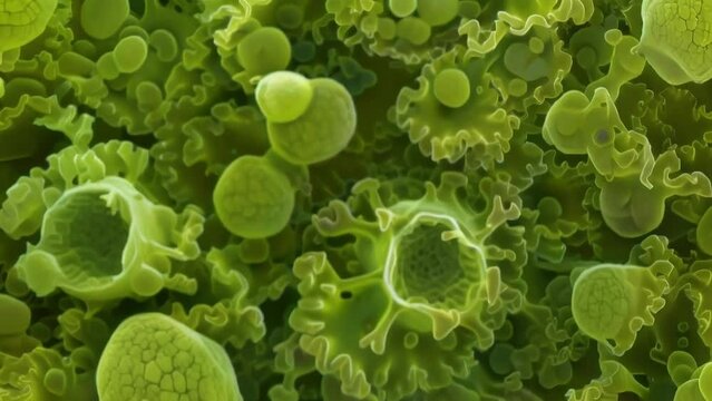 A scanning electron microscope image of a cyanobacteria bloom in a body of water. The bacteria appear as small spherical cells each . AI generation.