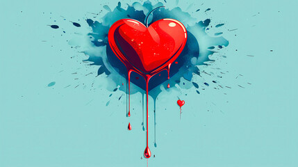 Blood Donation, Digital artwork of a glossy red heart melting, smaller heart below, conveying feelings of love, perhaps heartache, on a blue background.