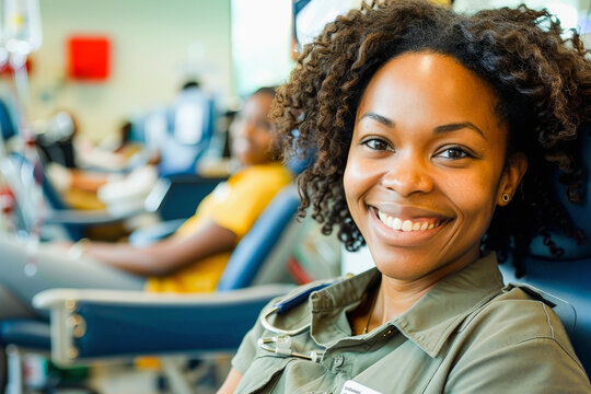 A smiling woman in a green shirt with curly hair at a blood donation center with donors in the background.
