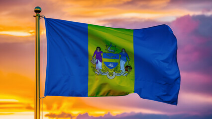 Philadelphia Pennsylvania Waving Flag Against a Cloudy Sky at Sunset.