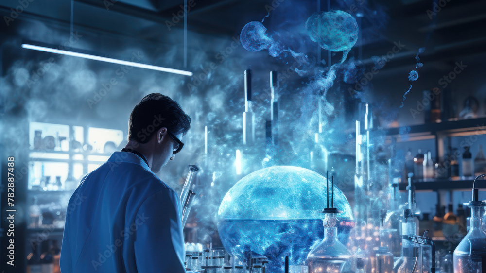 Aufkleber a man wearing a lab coat is performing a precise experiment in a lab. the background is full of mode