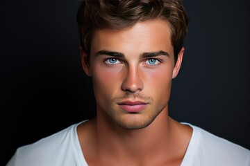 Obraz premium A handsome young man with a sharp face and bright blue eyes. 