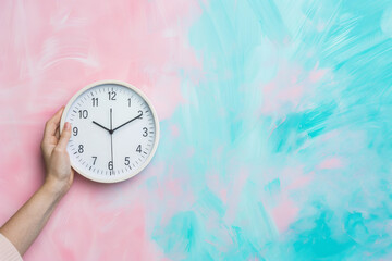 Hand adjusting clock, time management concept, pastel background.