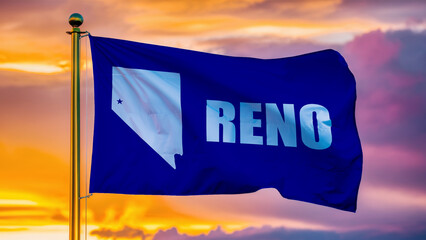 Reno Waving Flag Against a Cloudy Sky at Sunset.