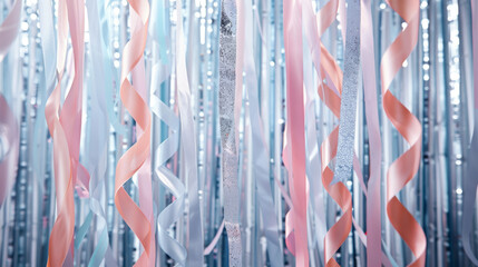 A colorful ribbon is hanging from the ceiling, creating a fun backdrop, festive party concept abstract background. - 782887881