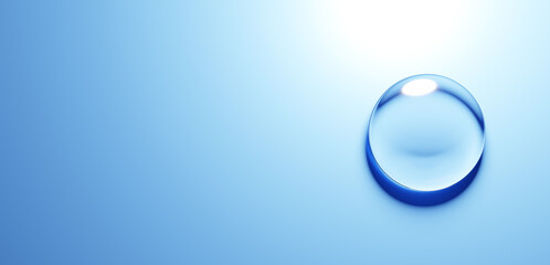 青色背景に一つの水滴。コピースペース。3D（横長）