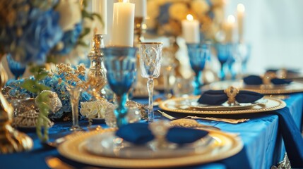 A lavish wedding reception or special day with a long dining table adorned with elegant blue and gold tableware.