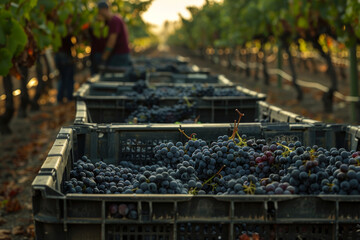Grape harvest, with workers transporting crates of freshly picked grapes at vineyard, premium organic grapes for farm-to-table consumption - 782888251