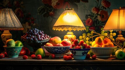  An arrangement of various fruits with lit lamp on a wooden table. - obrazy, fototapety, plakaty