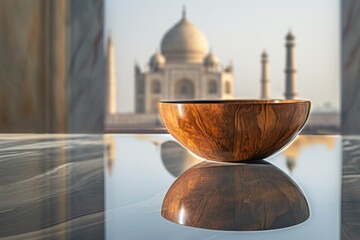 Obraz premium A Photography tricks using to a unique photo style of The Taj Mahal with Wooden Bowl on Reflective Background.