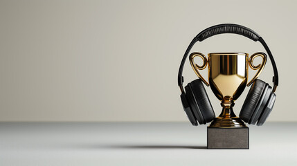 casque audio posé sur un trophée en or - fond gris - obrazy, fototapety, plakaty