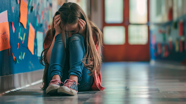  international day against violence and bullying at school, sad schoolgirl sitting on the floor at school with her head in her hands, bullying at school