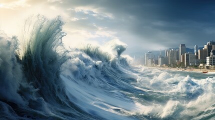  Earthquake, tsunami, giant wave crashing into the city on the background of the blue sky 