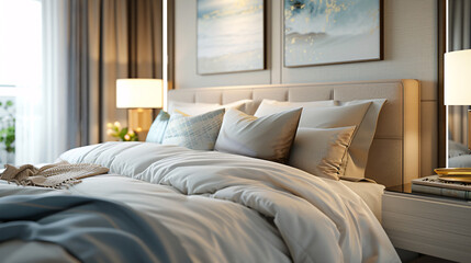 A bed with a white comforter and pillows, modern luxury bedroom interior design - 782888639