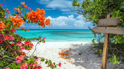 Arrow sign with exotic flowers, sandy beach trail, turquoise waters, welcoming paradise , clean sharp focus