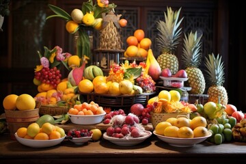 Fruits in the festival, fruits for offerings to monks, oranges, bananas, dragon fruit on the background of the altar table. 