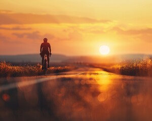 Cyclist silhouette, sunset road, journey concept, warm horizon glow , clean sharp focus