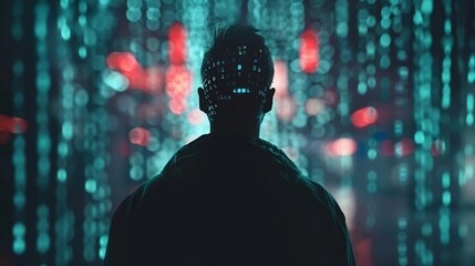 Digital hacker silhouette, neon codes, dark backdrop, Holographic, mysterious , clean sharp focus - obrazy, fototapety, plakaty