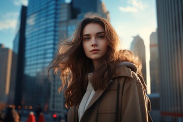  girl in the city Among the skyscrapers On the background of the bustling cityscape 