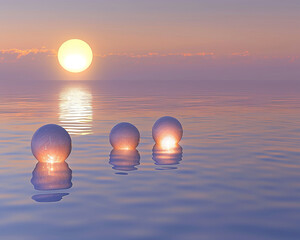 Glowing orbs floating on tranquil water, surreal dusk, soft reflections , no grunge, splash, dust - obrazy, fototapety, plakaty