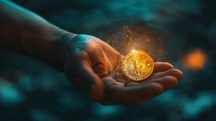 Hand clutching digital currency, Holographic, high contrast, wealth concept, dramatic lighting , clean sharp focus - obrazy, fototapety, plakaty