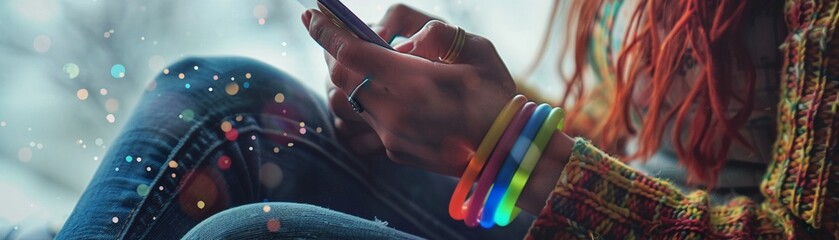 Hands texting, rainbow bracelet in focus, casual style, connectivity theme , no grunge, splash, dust - obrazy, fototapety, plakaty