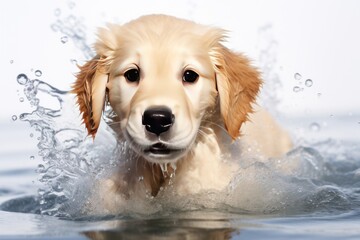 Golden Retriever puppy playing in the water 