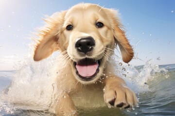 Golden Retriever puppy playing in the water 