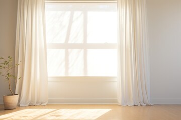  Golden sunlight shines through the white curtains. 