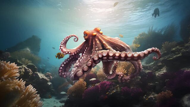 A large octopus is swimming in the ocean with a fish in its mouth. The scene is colorful and lively, with a sense of adventure and exploration