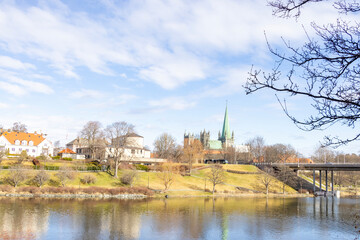Fototapeta na wymiar Walking along Nidelven (River) in a Spring mood in Trondheim city