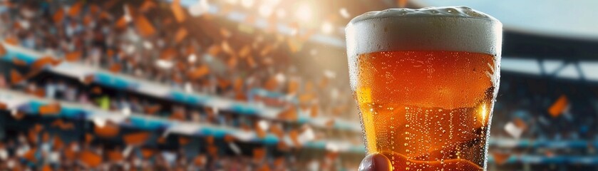Stadium passion, beer in focus, match unfolding, vibrant energy, gamewatching tradition , clean sharp focus - obrazy, fototapety, plakaty