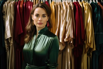 Fototapeta premium Attractive young blonde female model in green modern outfit standing on bouquet store. surrounded by various outfits. Fictional Character Created by Generative AI.