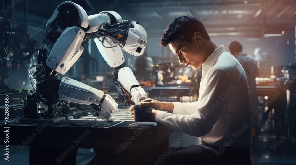 Poster a man wearing a lab coat expertly repairs a robot. on the background, a robot factory is full of mod