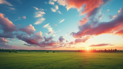 Morning red sky, colorful clouds on a green meadow background.