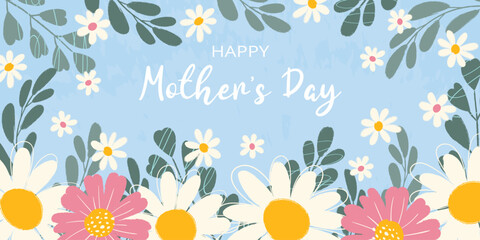 Fototapeta na wymiar Horizontal greeting background with hand drawn blooming flowers, green leaves, scribbles and typography for Happy Mother's Day. Flat vector grunge textured illustration on blue backdrop.