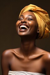 Young African woman smiling with a headscarf, laughter in her eyes. Fictional Character Created by Generative AI.