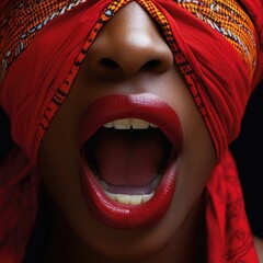 Closeup Image of African woman open her mouth with covered by a scarf. Fictional Character Created by Generative AI. - obrazy, fototapety, plakaty