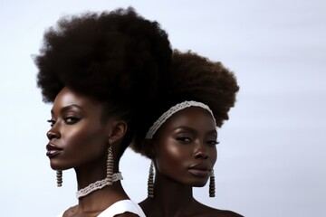 Happy Women's Day Concept, two African women with same looks on white background. Fictional Character Created by Generative AI. - obrazy, fototapety, plakaty