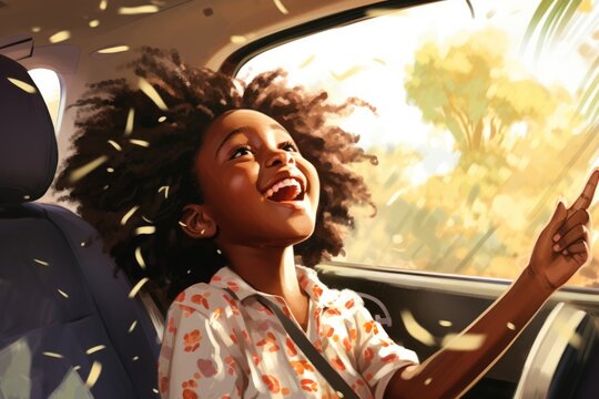 African young girl enjoying her car ride with a big smile. Fictional Character Created by Generative AI.