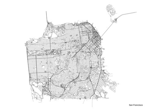 San Francisco city map with roads and streets, United States. Vector outline illustration.