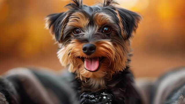 A small dog with a black and brown coat is sitting on a blanket. The dog has a big smile on its face and its tongue is out
