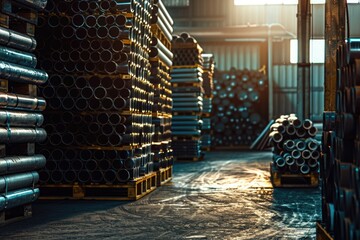 Massive stock of round metallic pipe, stacked on pallets at a warehouse. - Powered by Adobe