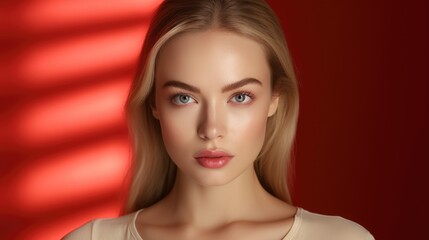 Elegant blonde young Russian woman posing for a photo with a warm glow in her cheeks Fictional Character Created by Generative AI. - obrazy, fototapety, plakaty