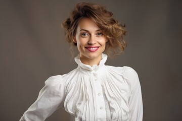 Stunning young Russian Woman in a White Blouse on Grey Background, Posing for a Photo. Fictional Character Created by Generative AI. - obrazy, fototapety, plakaty