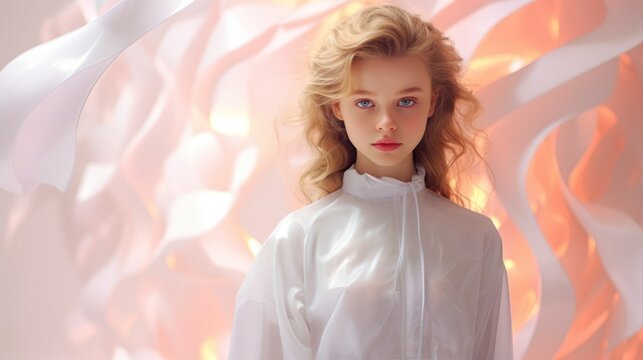 Beautiful Russian young girl in white dress on abstract background. Fictional Character Created by Generative AI.