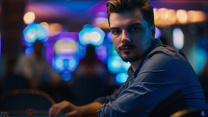 casino dealer, dressed with darker blue shirt, watching the camera. 