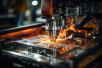 High-Precision CNC Machine Cutting Metal with Sparks - obrazy, fototapety, plakaty